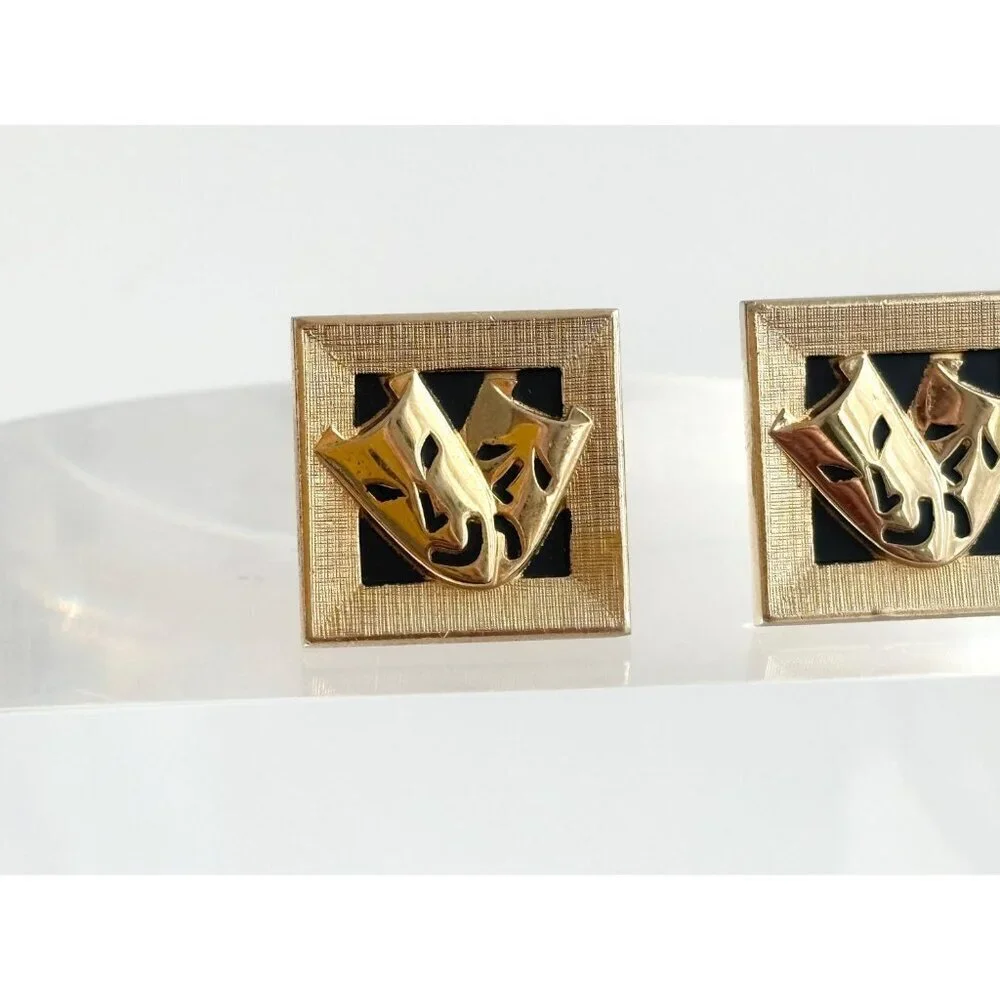Swank Theater Mask Designed Comedy + Tragedy Gold Toned Square Vintage Enclosure